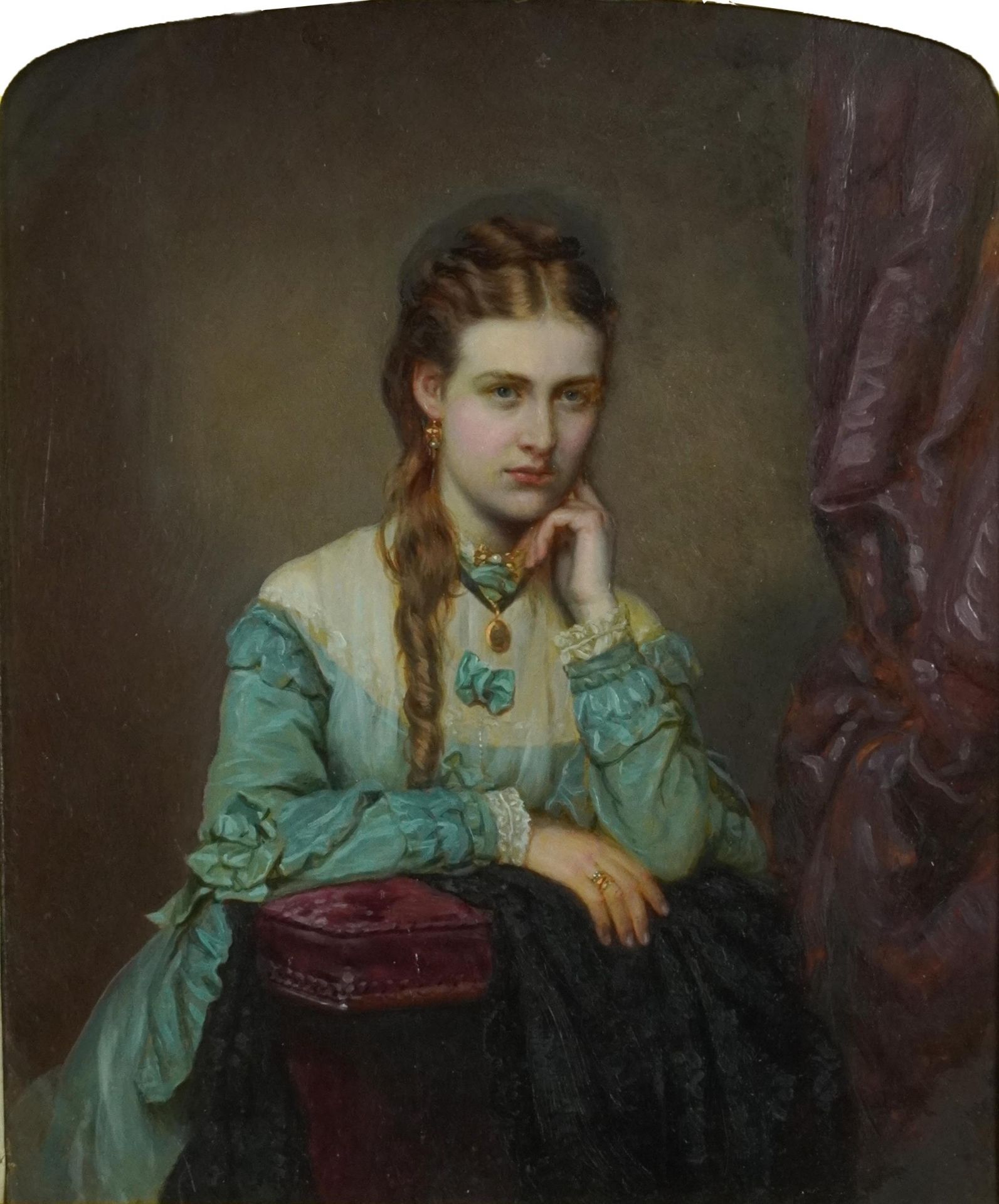 Top half portrait of a young female wearing pearl earrings and green dress, Victorian oil housed