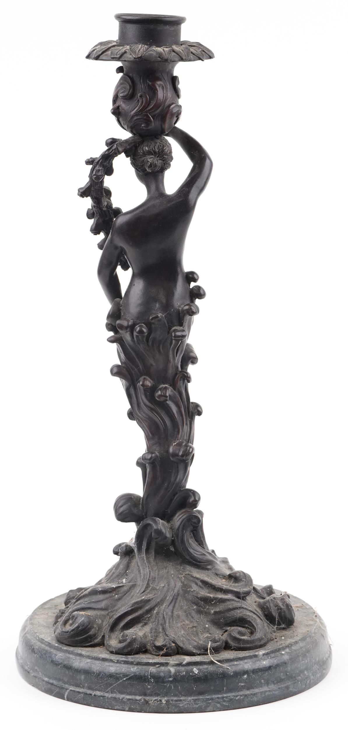 Classical patinated bronze candlestick in the form of a semi nude female on waves, raised on a - Image 2 of 3