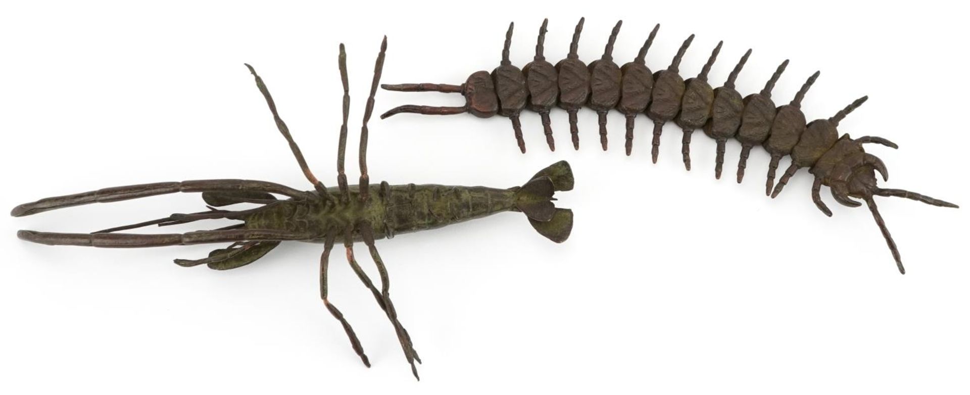 Two Japanese patinated bronze okimonos including an articulated centipede, the largest 14cm in - Image 3 of 5
