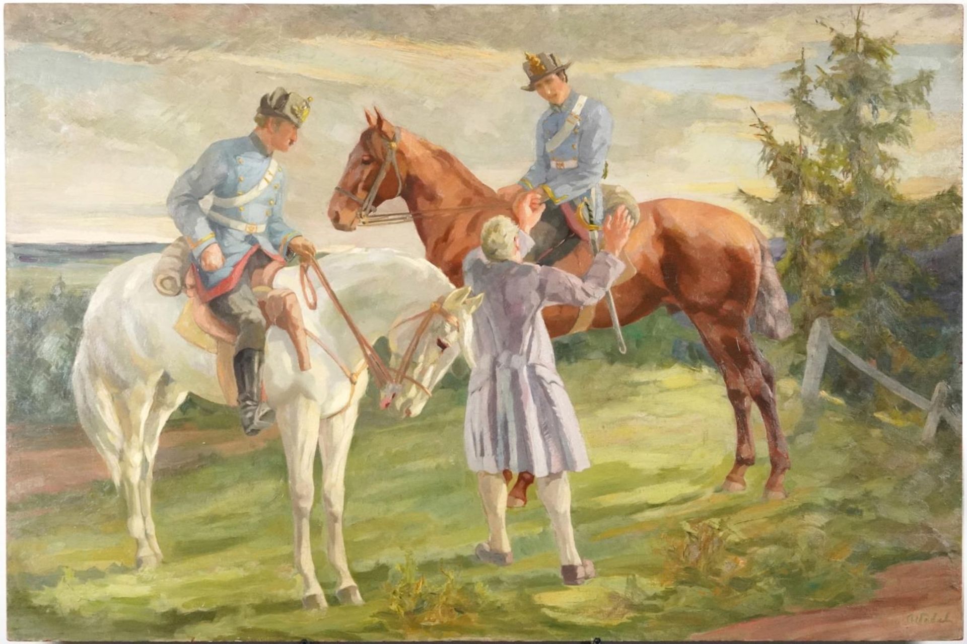 Manner of August Wedel - Soldiers on horseback, German school oil on board, unframed, 120cm x 80.5cm - Image 2 of 5