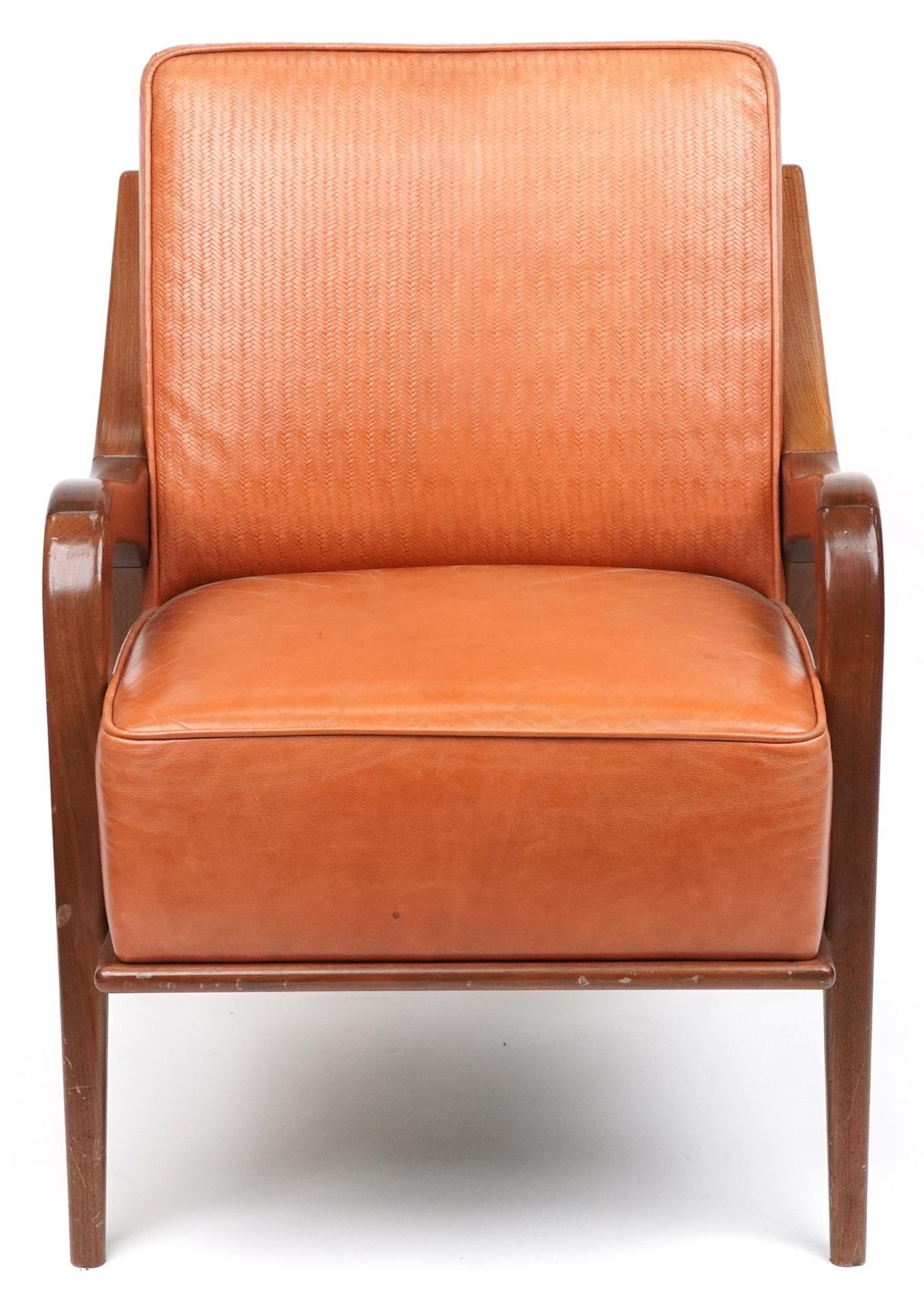 Scandinavian design hardwood lounge chair having a tan upholstered back and seat, 86cm H x 62.5cm - Bild 2 aus 4