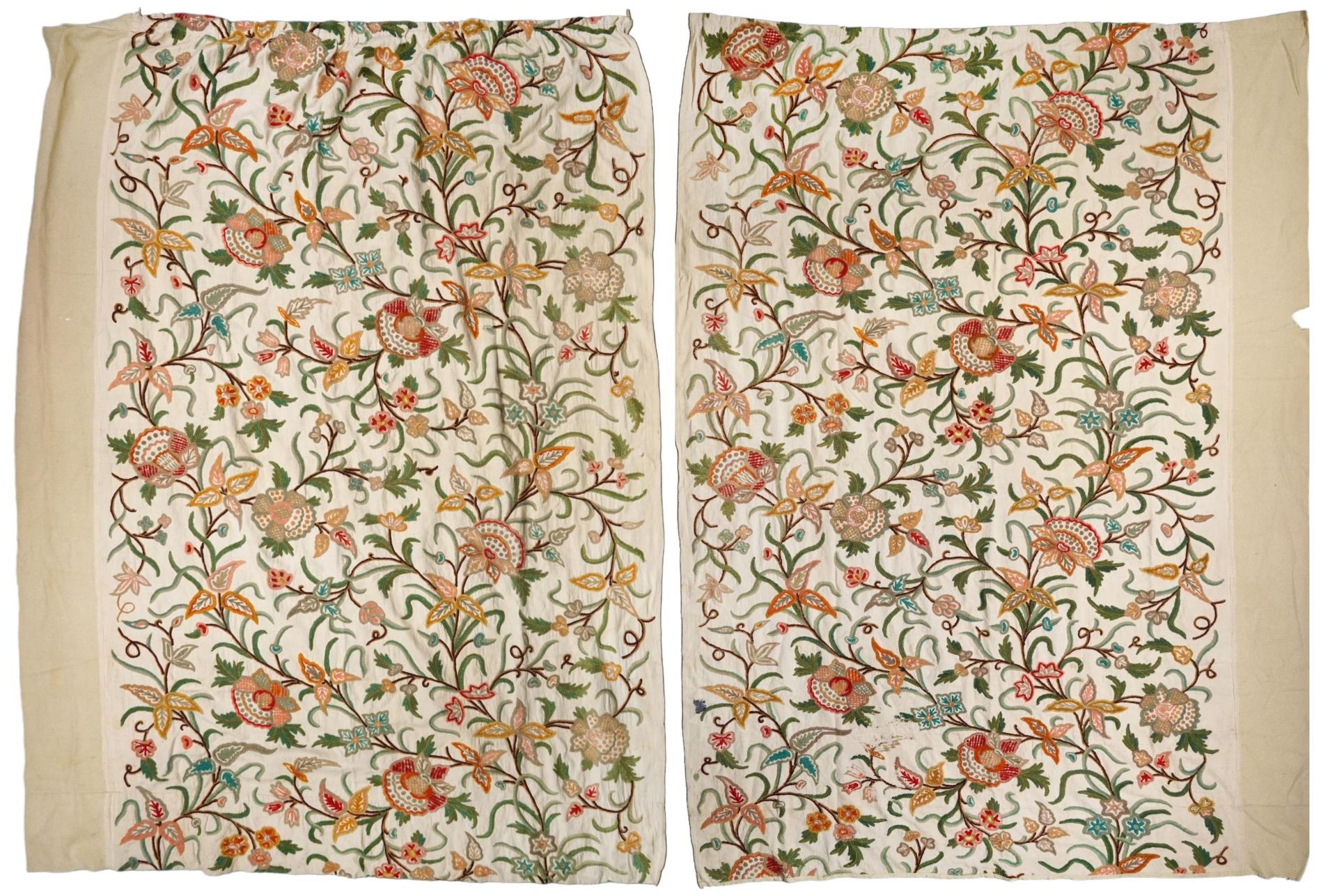 Pair of Arts & Crafts floral crewelwork embroidered textiles in the manner of William Morris