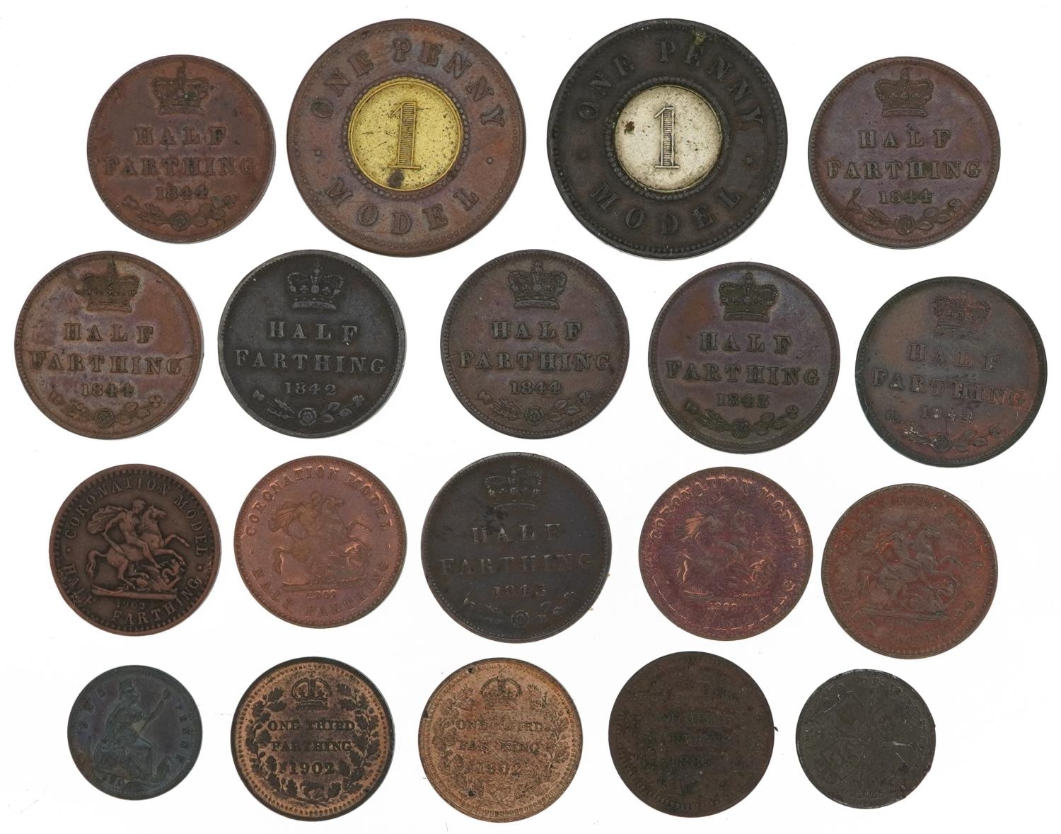 Victorian and later coinage including Coronation model farthings, one penny models and one third