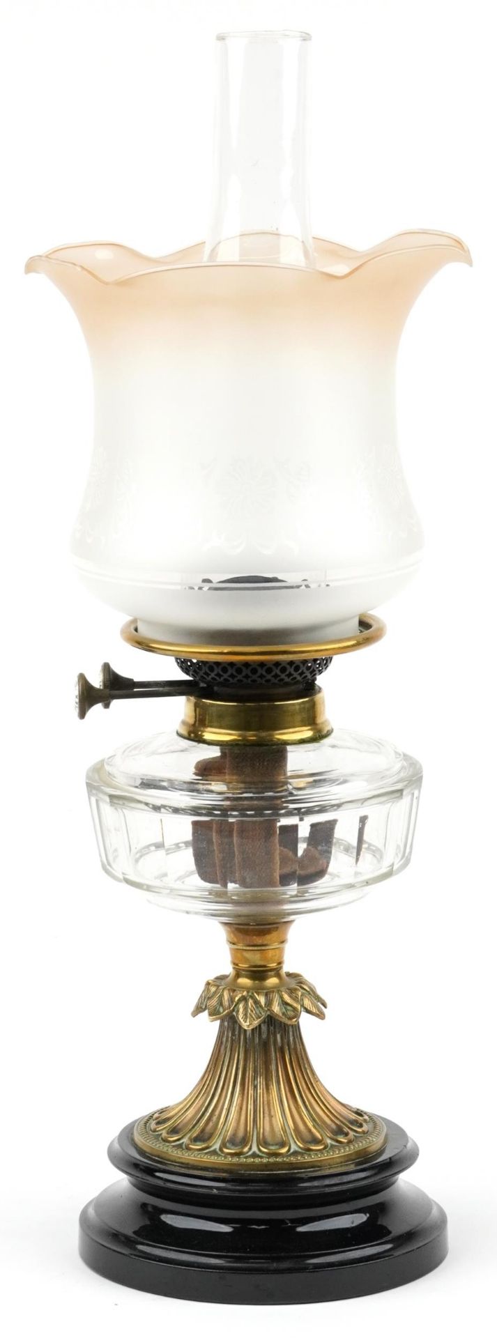 Victorian brass and glass oil lamp with Duplex burner and frosted shade, 55cm high