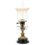 Victorian brass and glass oil lamp with Duplex burner and frosted shade, 55cm high