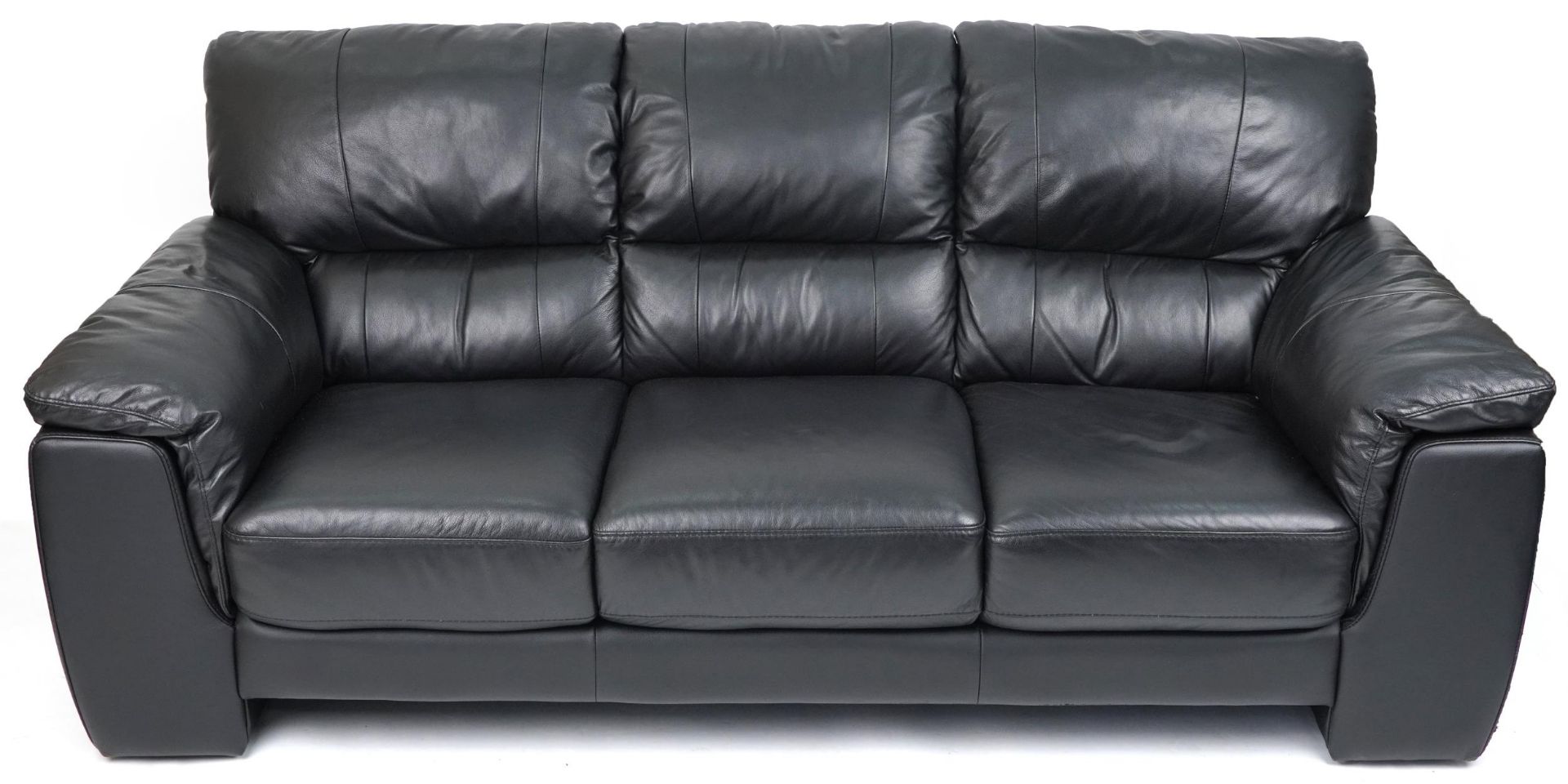 Contemporary three seater settee with black leather upholstery and footstool, the settee 90cm H x - Image 2 of 6