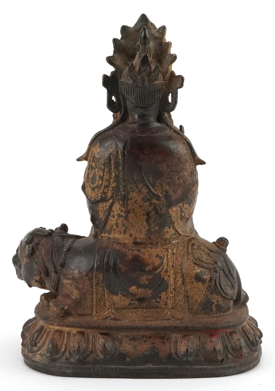 Chino Tibetan gilt bronze figure of Buddha on mythical animal, 22.5cm high - Image 4 of 7