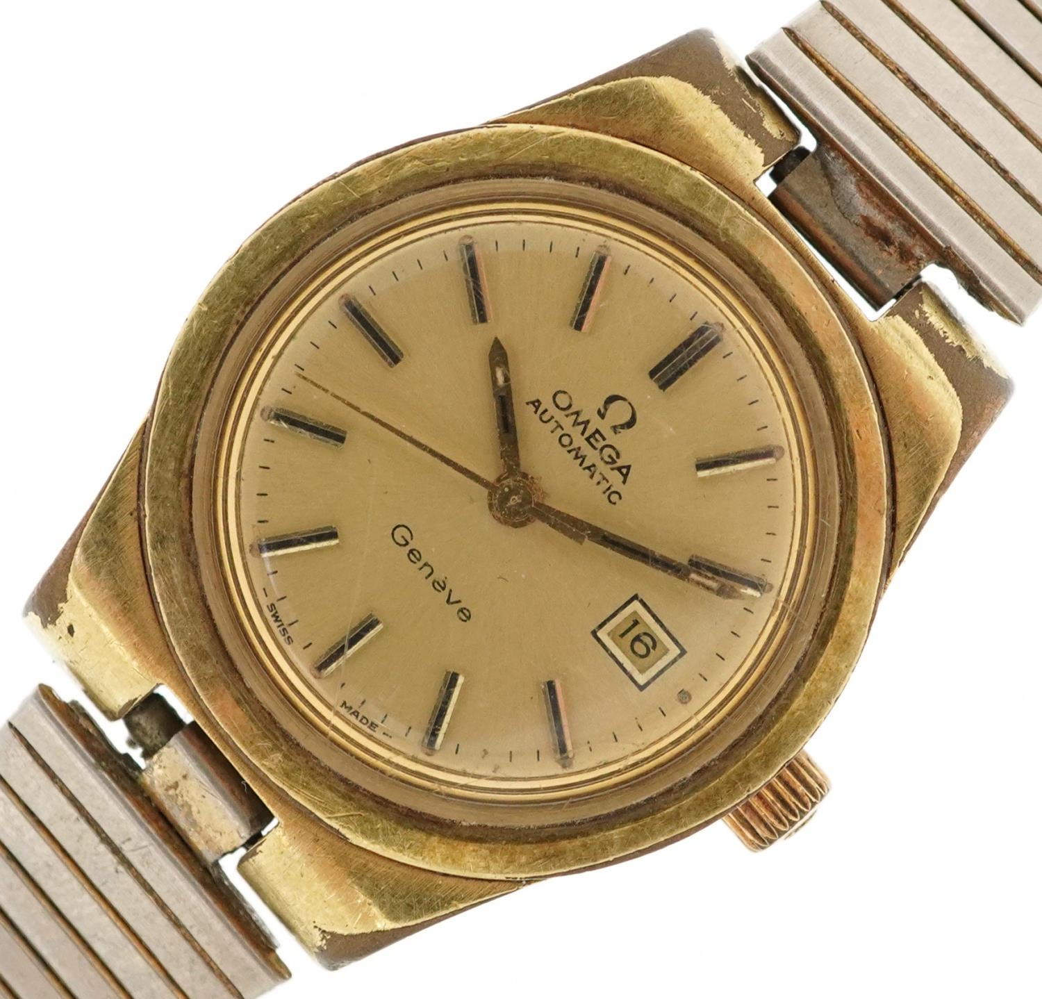 Omega, ladies Omega Geneve automatic wristwatch having gilt dial with date aperture, the movement