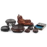 Chinese wooden and metalware including a root wood carving of Happy Buddha on stand surmounted