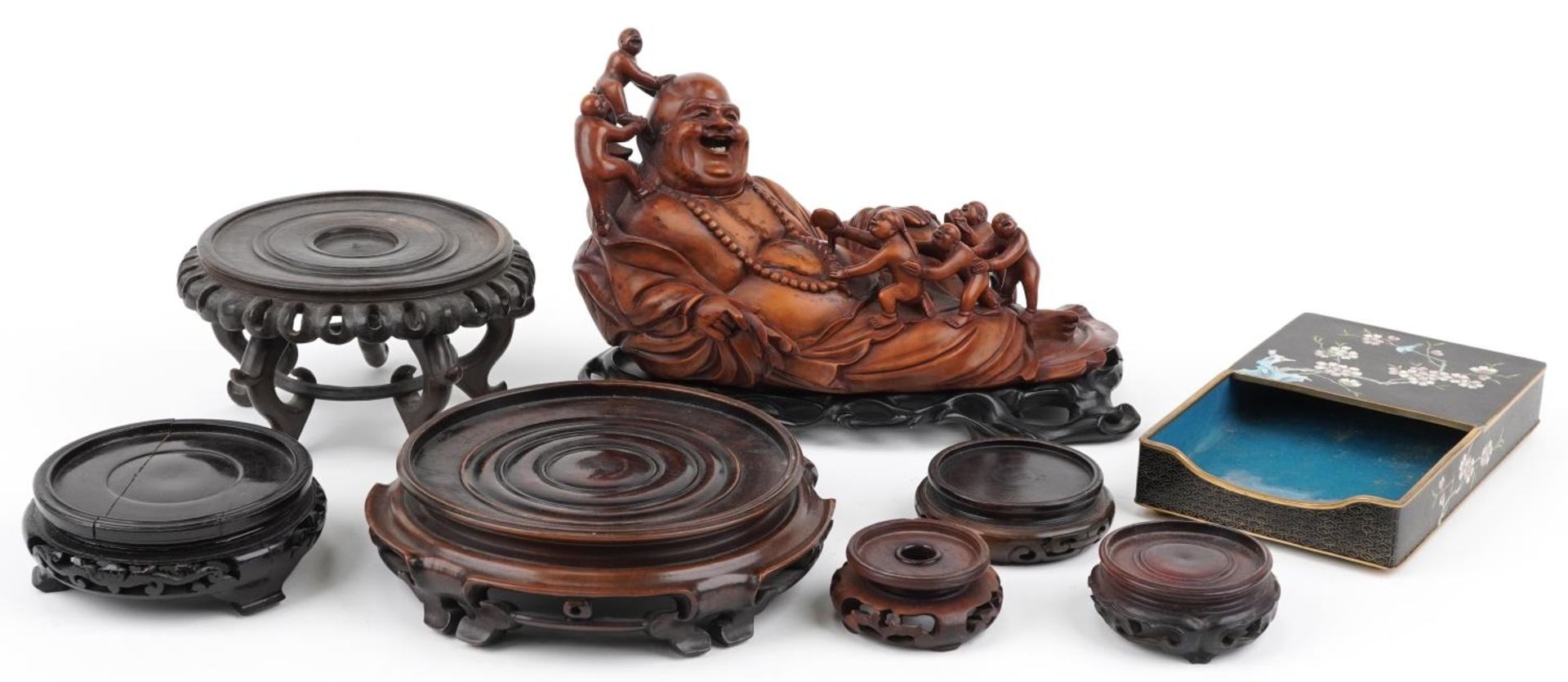 Chinese wooden and metalware including a root wood carving of Happy Buddha on stand surmounted