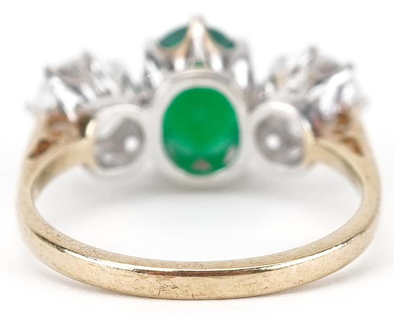 9ct gold emerald and cubic zirconia three stone ring, the emerald approximately 7.80mm x 6.10mm x - Image 2 of 5