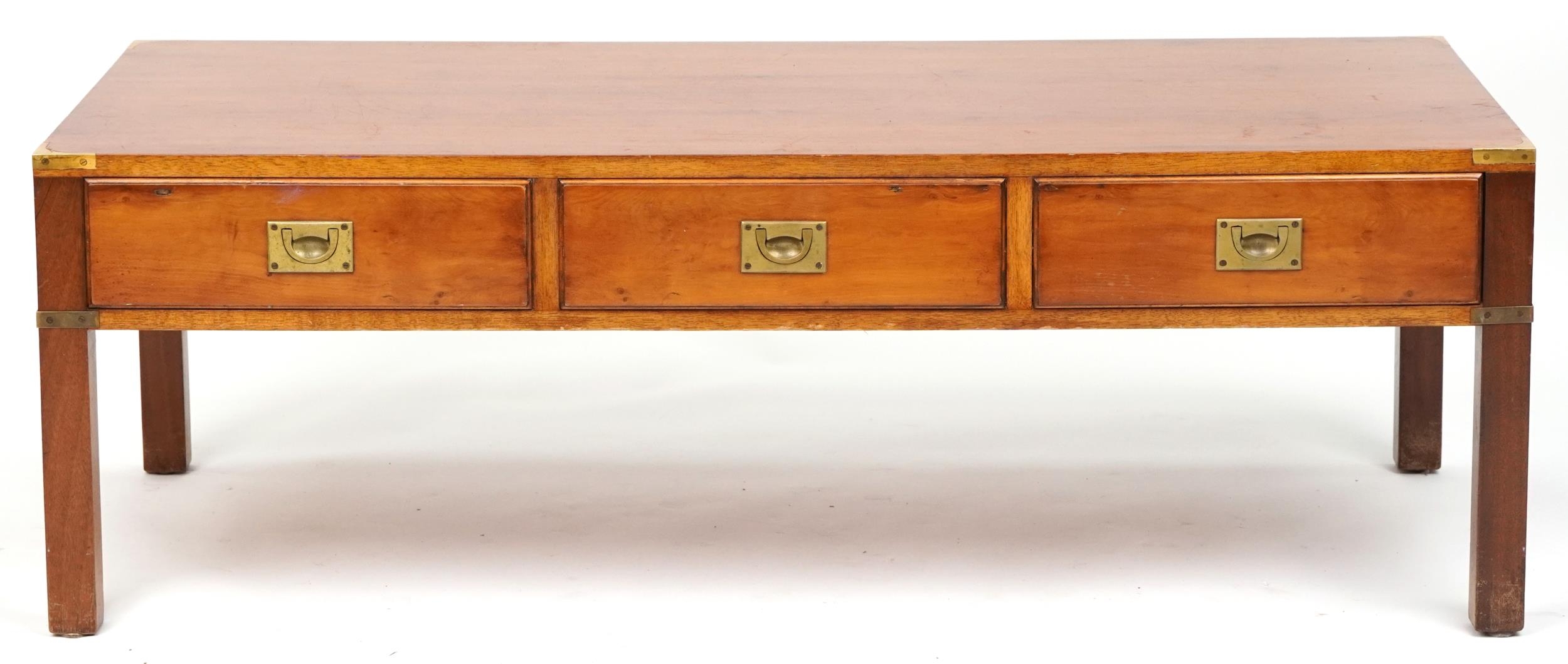 Military interest yew wood campaign style coffee table with three frieze drawers and brass mounts, - Image 2 of 4