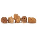 Five Japanese carved nut netsukes of animals, the largest 4cm high