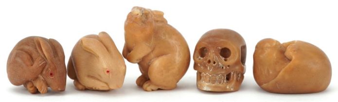 Five Japanese carved nut netsukes of animals, the largest 4cm high