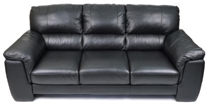 Contemporary three seater settee with black leather upholstery, 90cm H x 200cm W x 90cm D