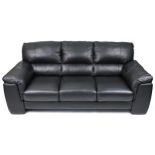 Contemporary three seater settee with black leather upholstery, 90cm H x 200cm W x 90cm D