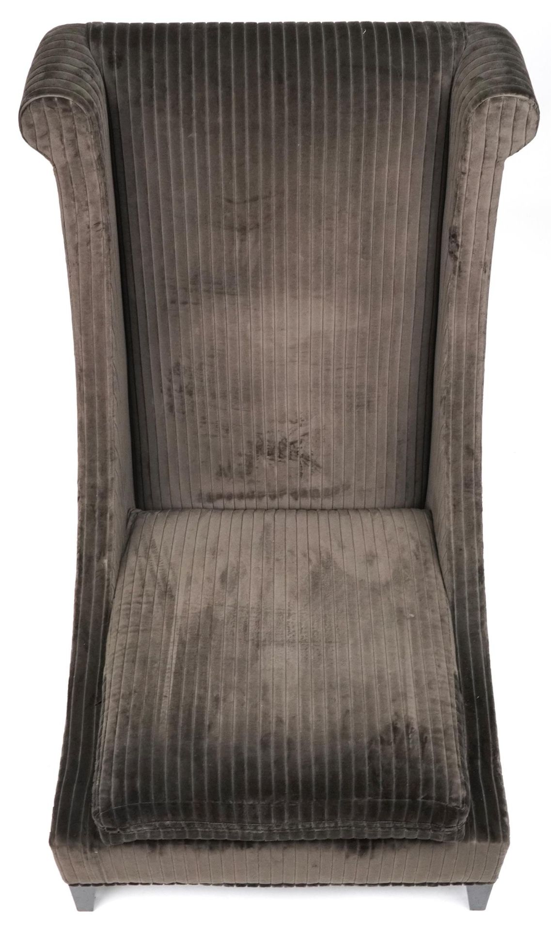 Contemporary dark olive green upholstered throne lounge chair with ebonised legs, 119cm H x 75cm W x - Image 3 of 4