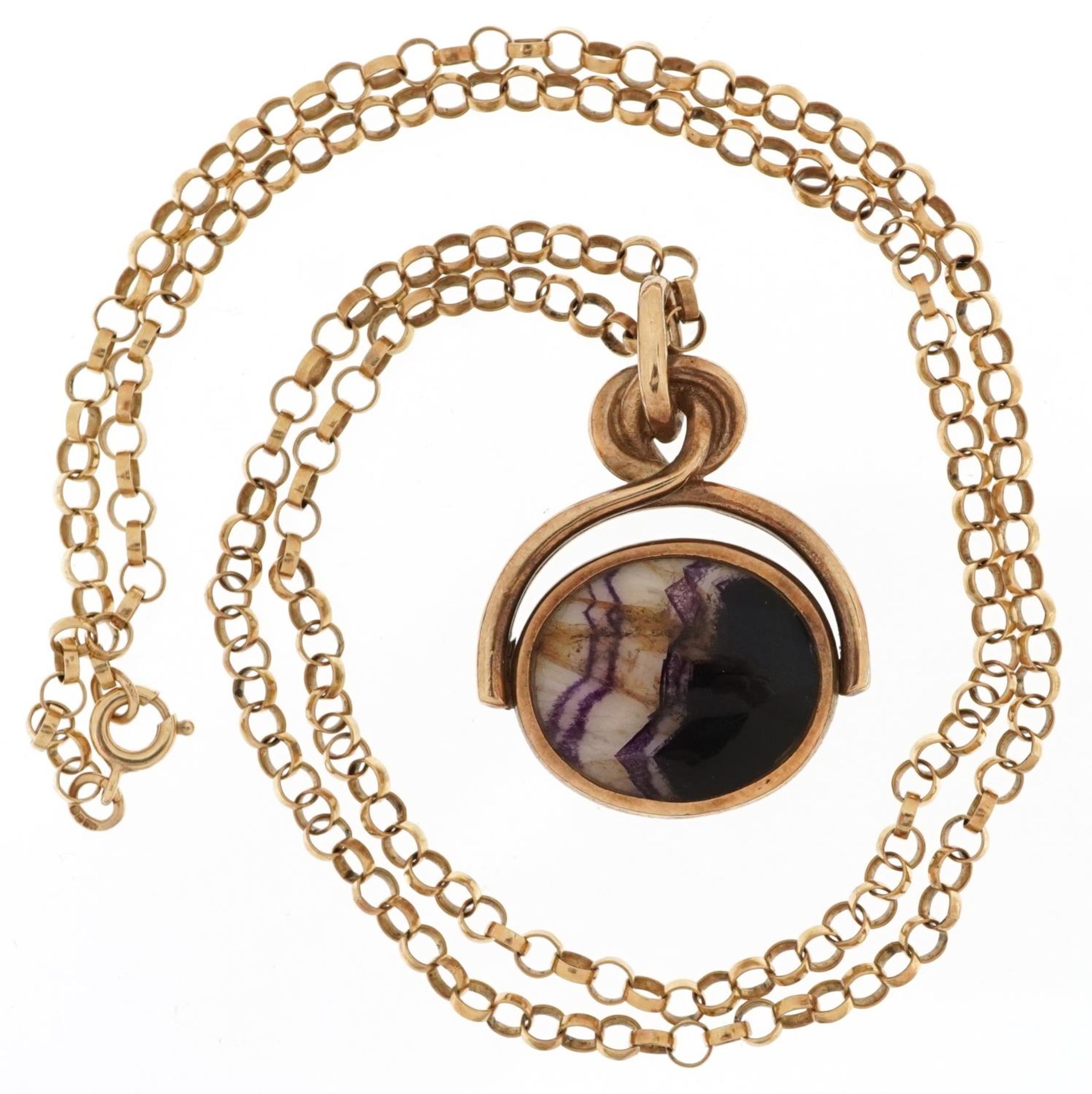 Victorian style 9ct gold Blue John spinner fob on a 9ct gold Belcher link necklace, 3.4cm high and - Image 2 of 4