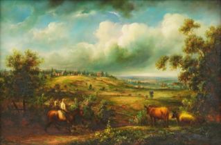 Figure on horseback beside cattle before a landscape, 19th century oil on wood panel, mounted and