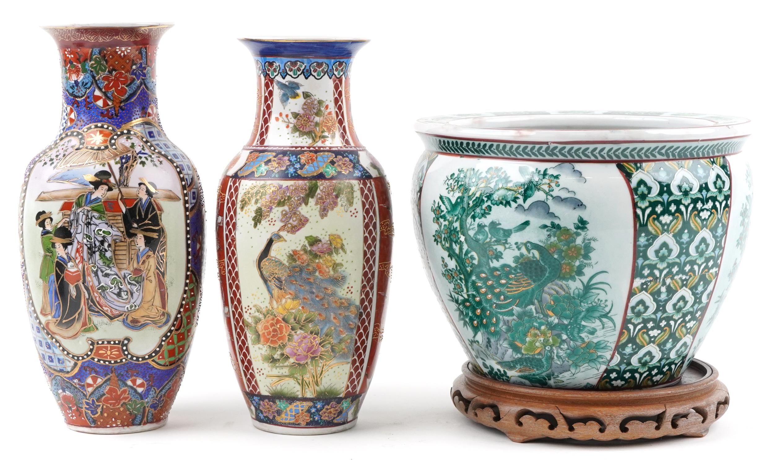 Chinese porcelain jardiniere decorated with birds of paradise and flowers and two vases, the - Image 3 of 8