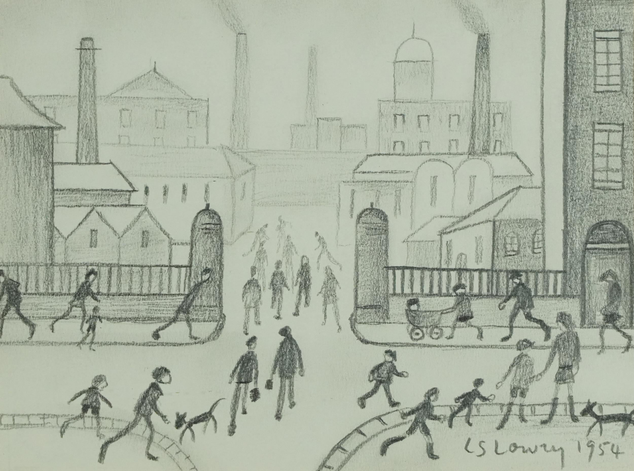 Manner of Laurence Stephen Lowry - Industrial street scene with figures walking about, pencil sketch