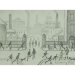 Manner of Laurence Stephen Lowry - Industrial street scene with figures walking about, pencil sketch