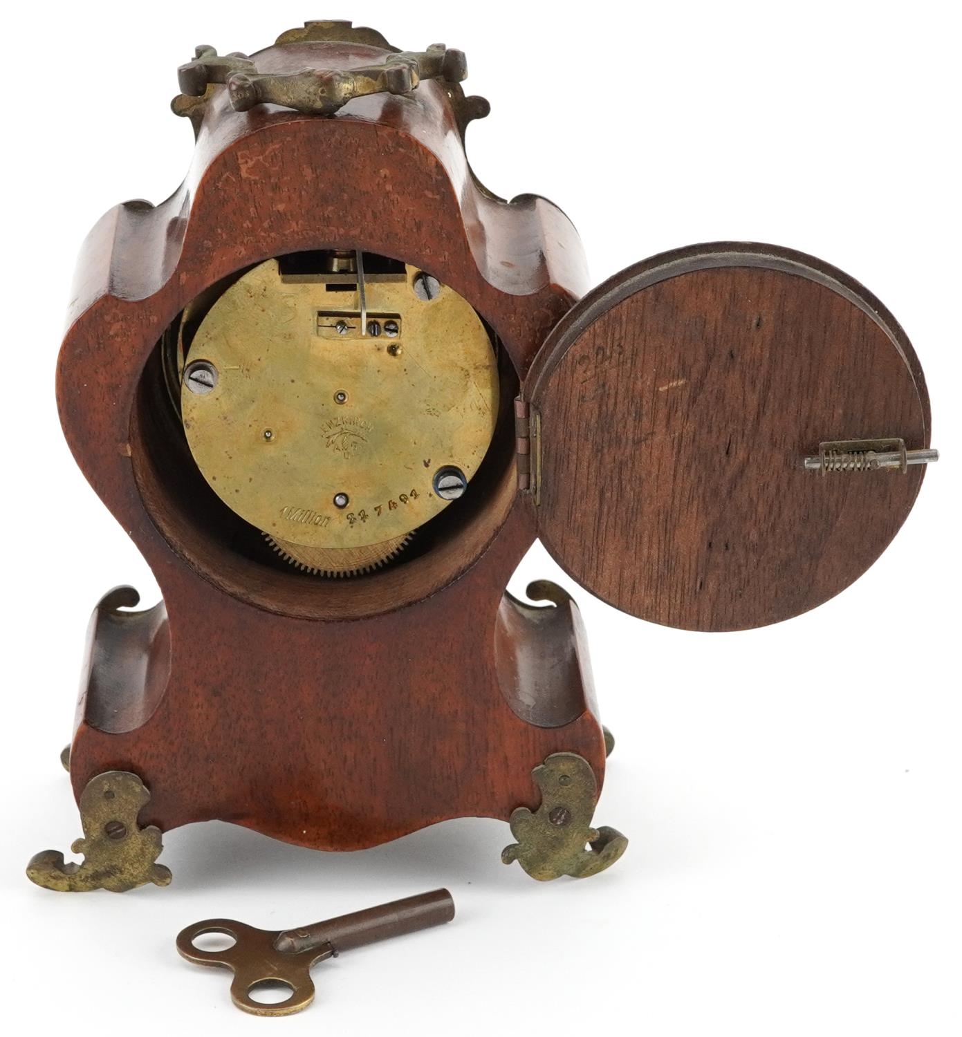 Lenzkirch, German walnut mantle clock with gilt metal foliate mounts and circular enamelled dial - Image 4 of 4