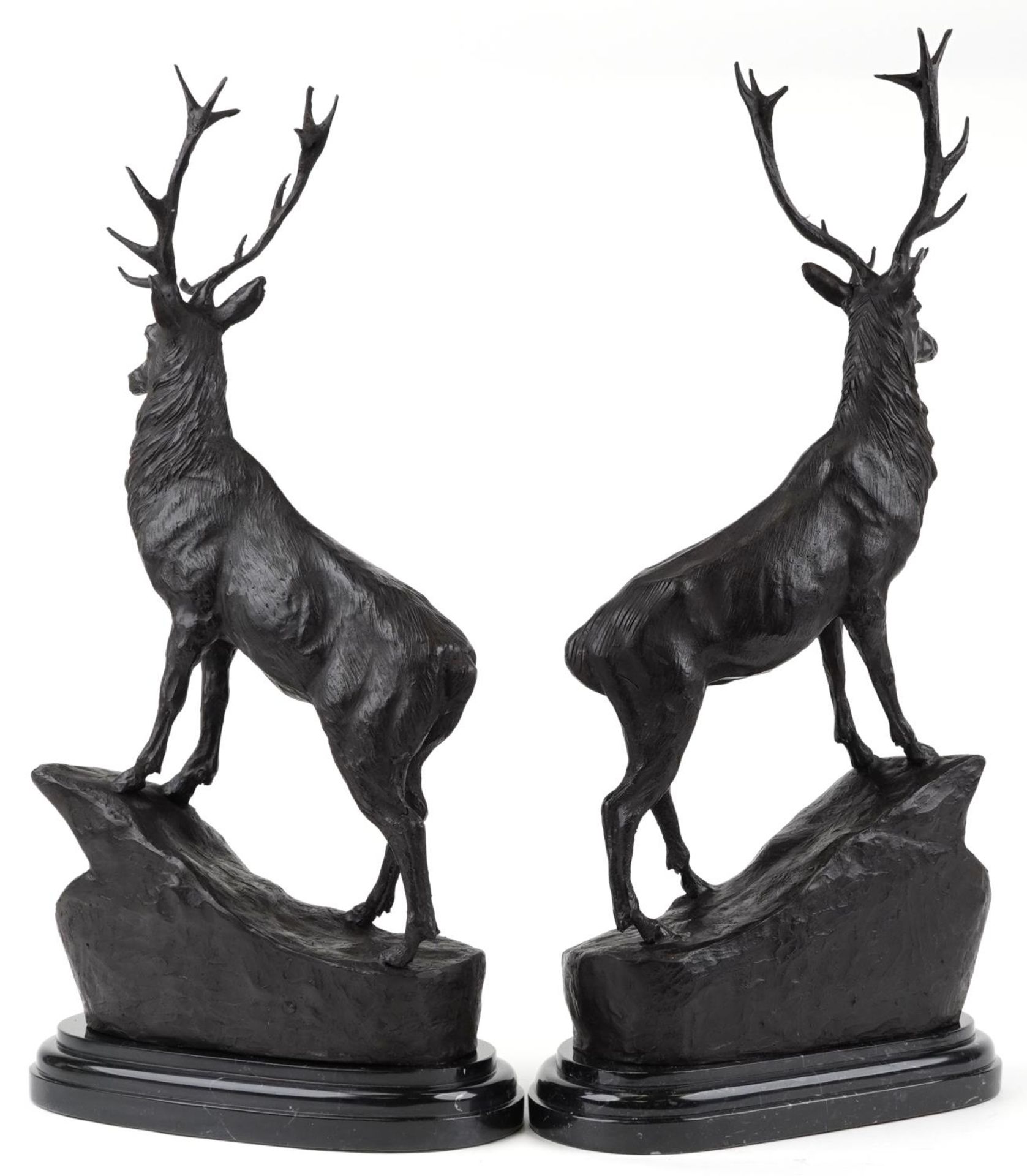 After Jules Moigniez, pair of large patinated bronze stags, each raised on a shaped carved marble - Bild 3 aus 4