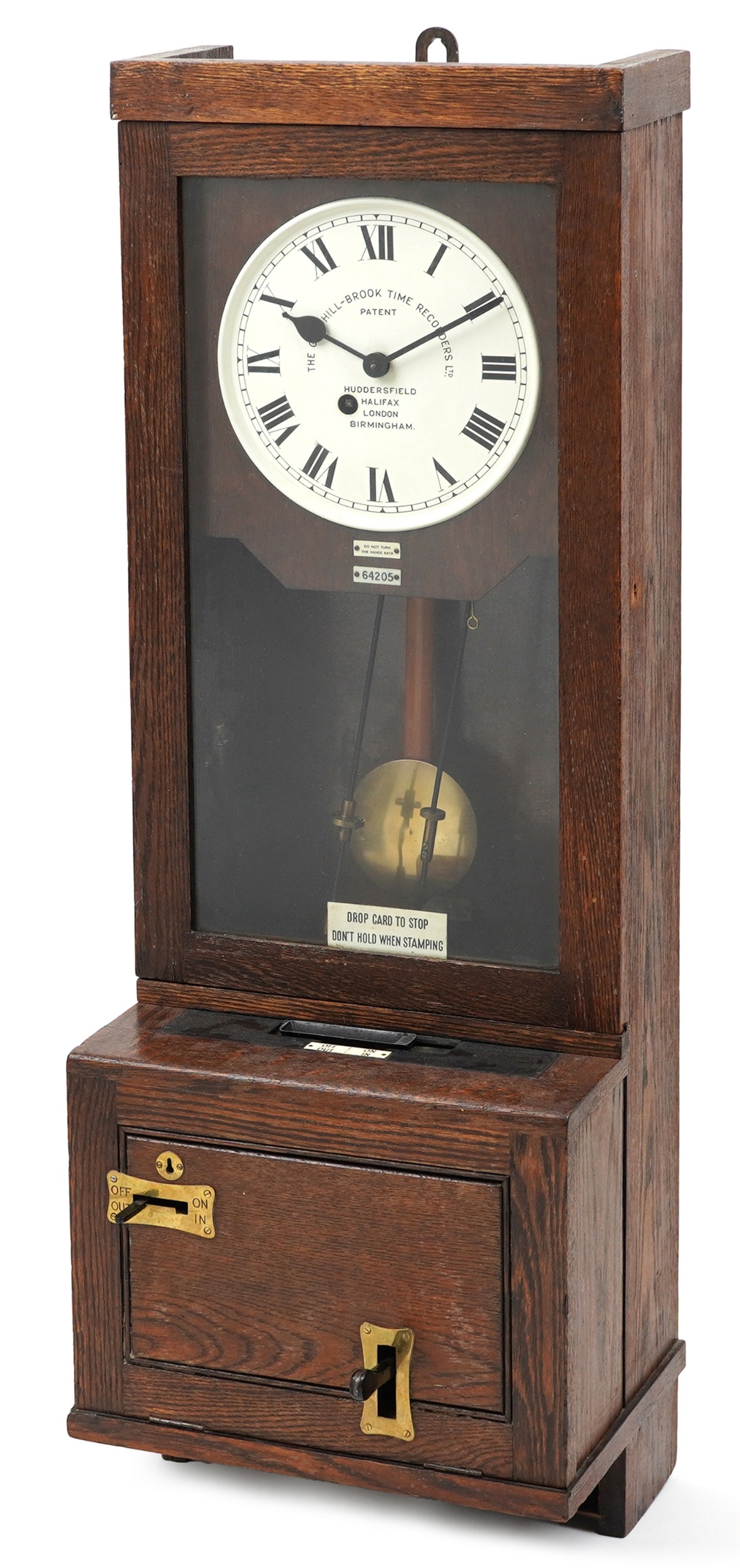 Gledhill-Brook Time Recorders patent oak clocking in machine having circular dial with Roman