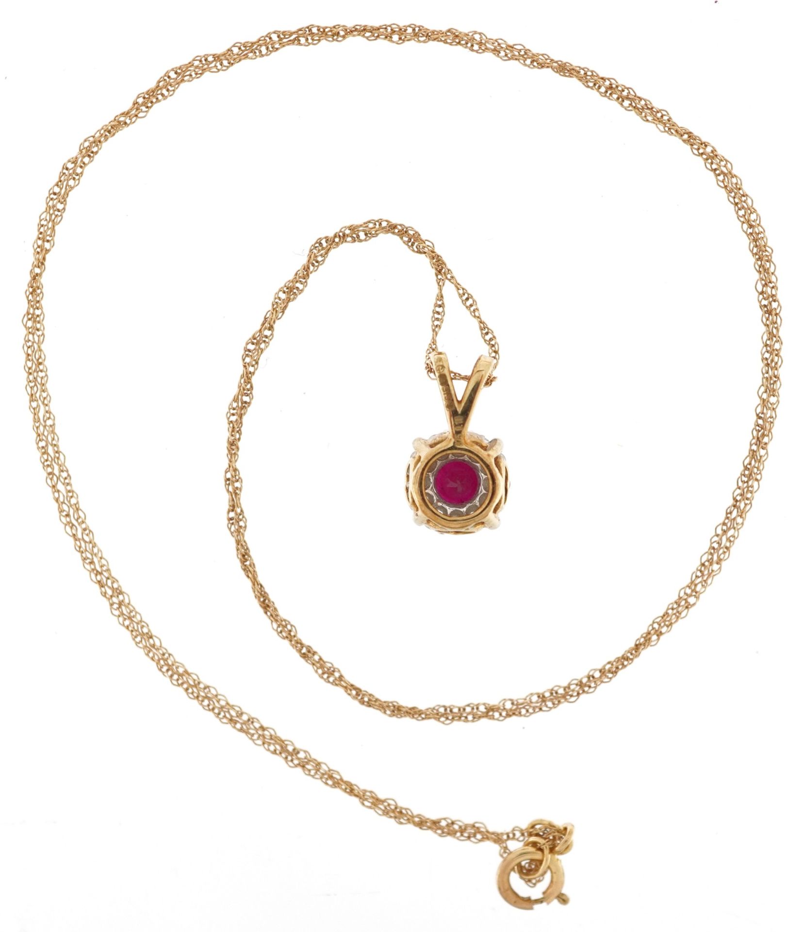 9ct gold ruby and diamond pendant on a 9ct gold necklace, the ruby approximately 3.90mm in - Image 3 of 4