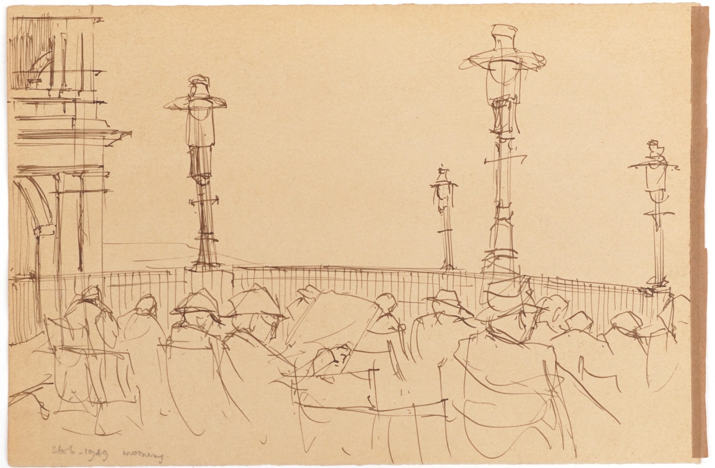 Attributed to Laurence Stephen Lowry - Figures and trees, Five ink sketches onto sketch book leaves, - Image 20 of 21