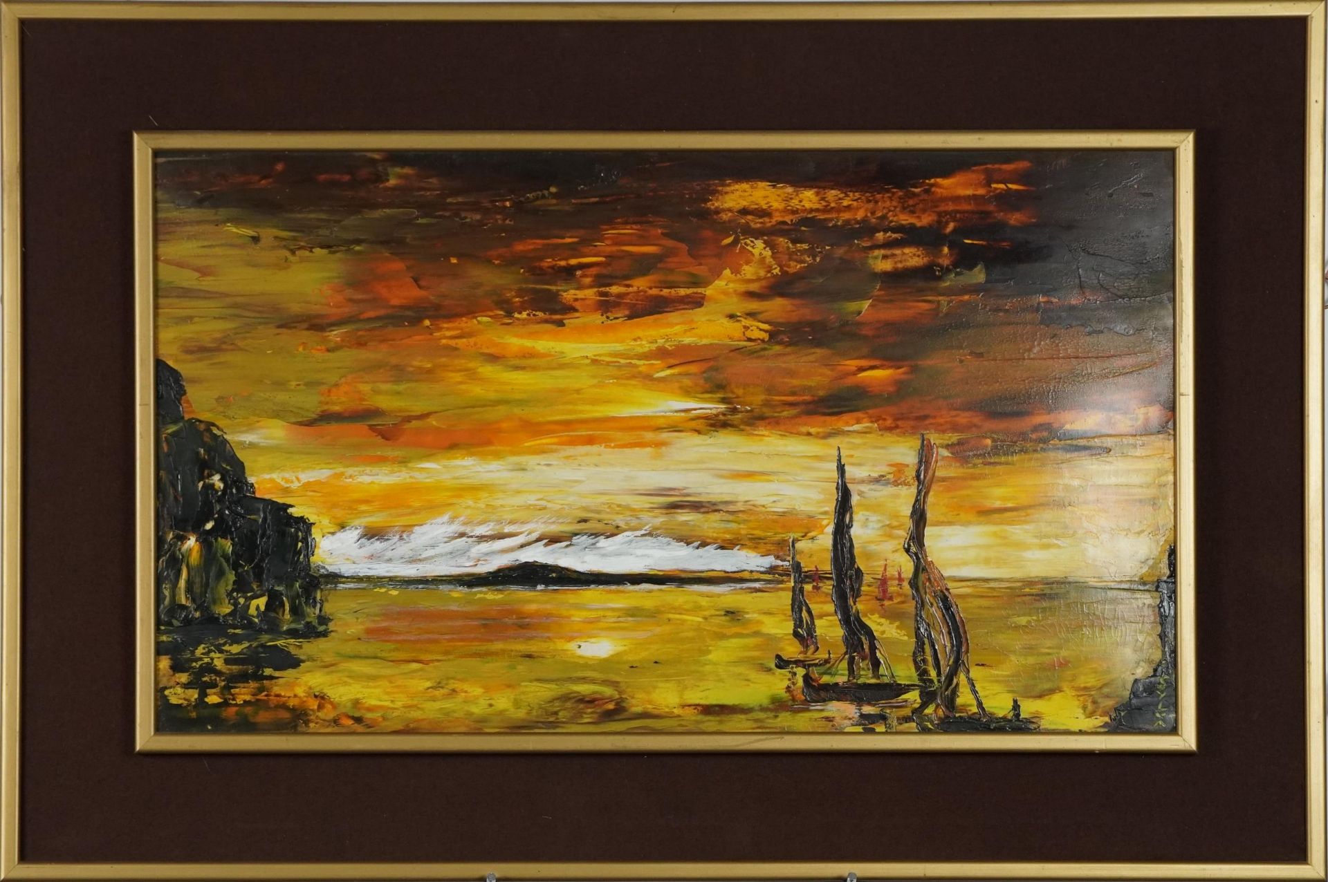 Sylva - Surreal seascape with fishing boats, 1970s oil, mounted and framed, 59cm x 34cm excluding - Bild 2 aus 4