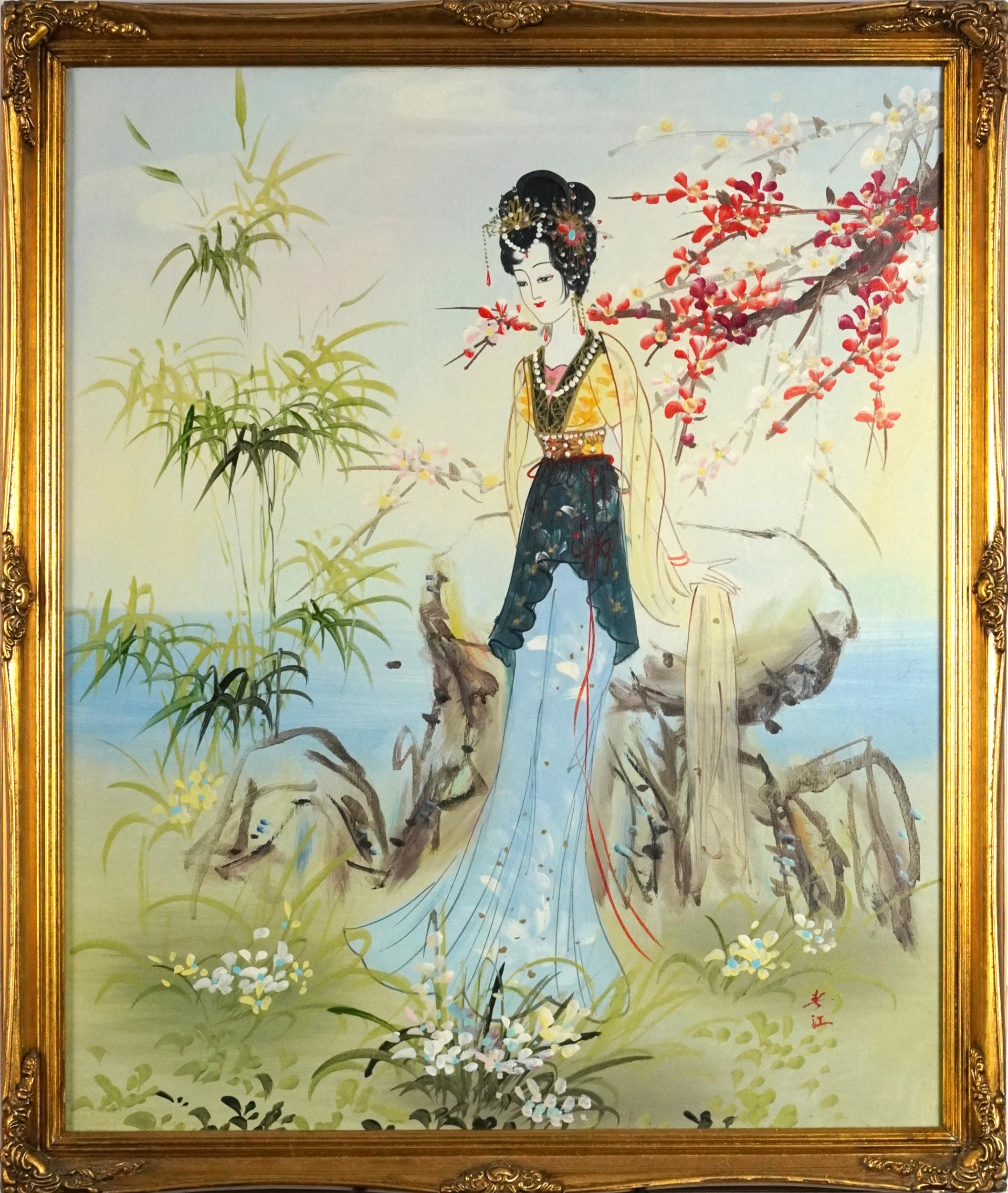 Young females beside flowers before water, two Chinese school oil on canvases, each with - Image 3 of 9