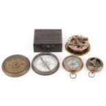 Naval interest scientific instruments including World War I style compass and sextant, the largest