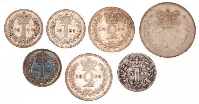 Seven Victorian silver Maundy coins comprising four pennies dates 1840, 1857, 1867 and 1898, two
