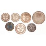 Seven Victorian silver Maundy coins comprising four pennies dates 1840, 1857, 1867 and 1898, two