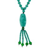 Turquoise matrix toggle necklace with green jade tassels, 84cm in length, 84.0g