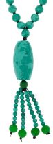 Turquoise matrix toggle necklace with green jade tassels, 84cm in length, 84.0g