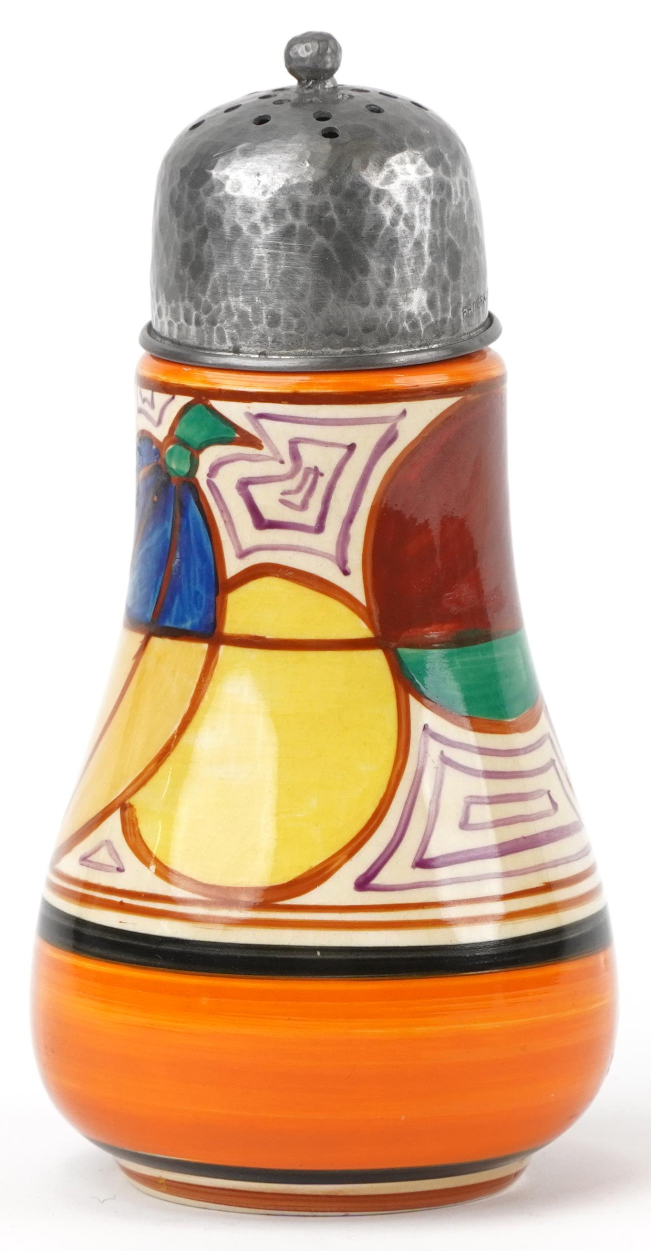 Clarice Cliff, Art Deco Fantastique Bizarre sifter with planished pewter lid hand painted in the - Image 3 of 7