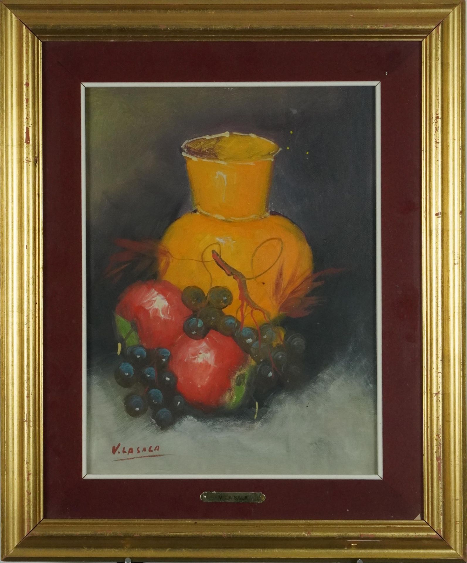 V La Sala - Still life fruit and vessels, pair of Spanish school oils, mounted, framed and glazed, - Bild 3 aus 9