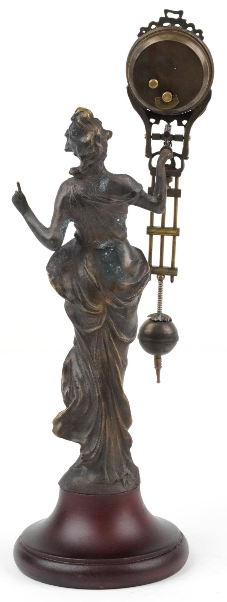 Patinated spelter mystery clock in the form of an Art Nouveau maiden, 33.5cm high - Bild 2 aus 3