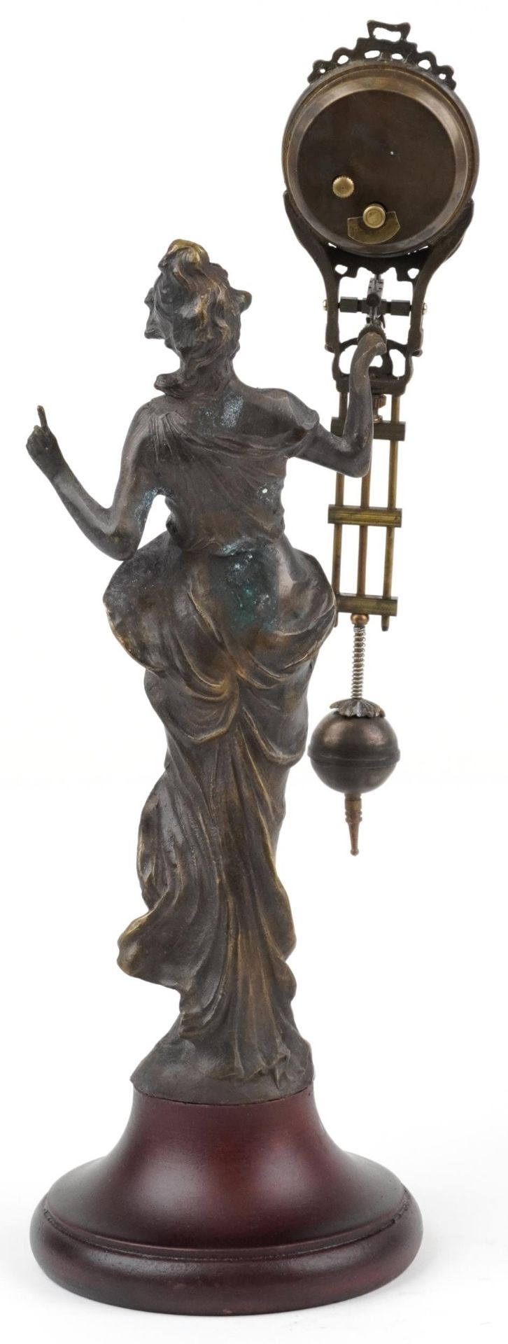 Patinated spelter mystery clock in the form of an Art Nouveau maiden, 33.5cm high - Image 2 of 3