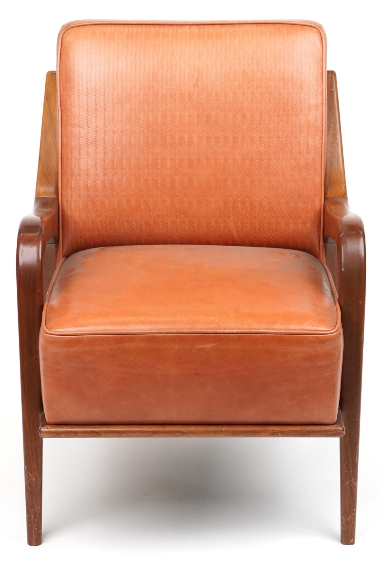 Scandinavian design hardwood lounge chair having a tan upholstered back and seat, 86cm H x 62.5cm - Bild 2 aus 4