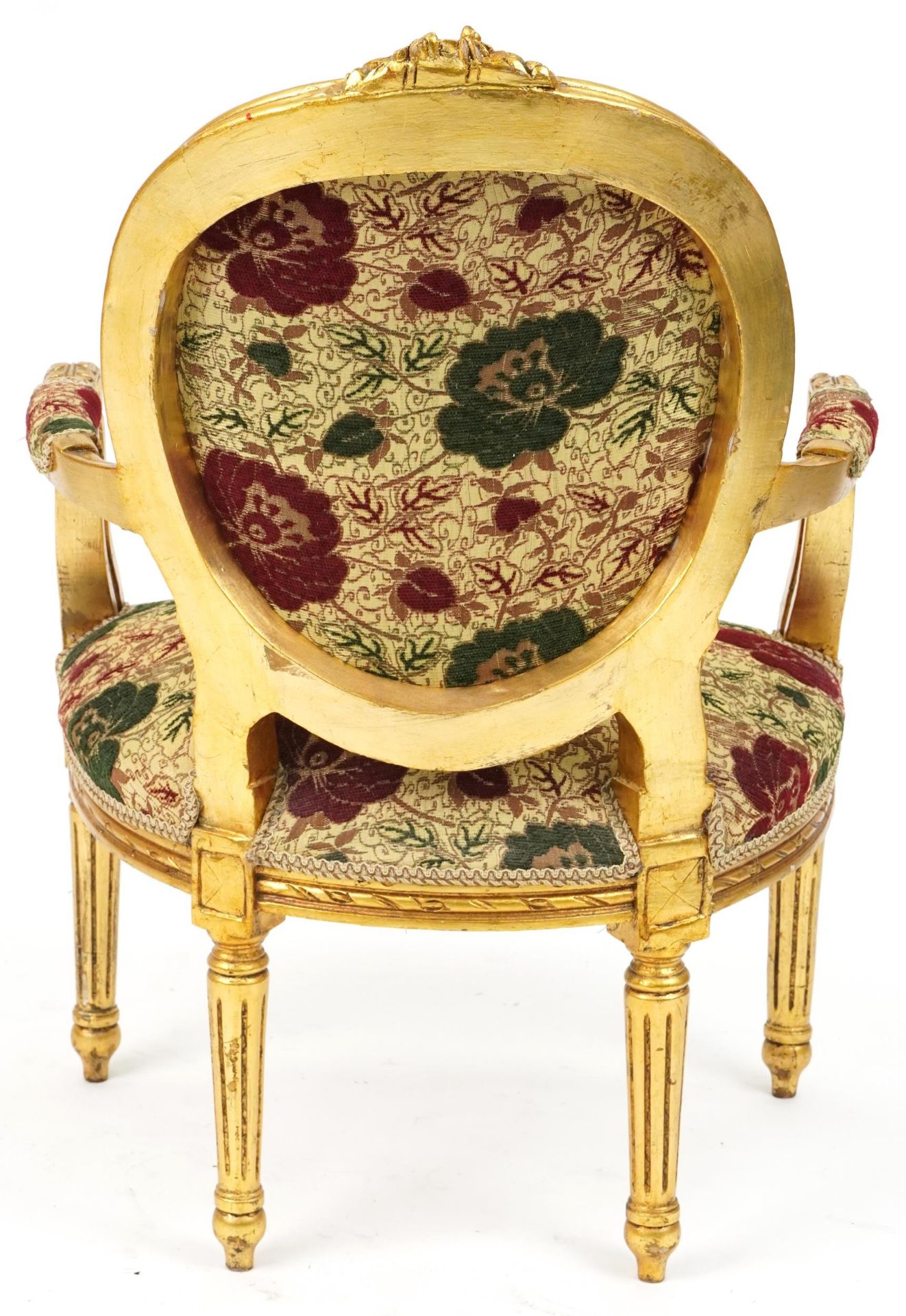 French Baroque style giltwood elbow chair having cream, red and green floral upholstery, 96.5cm high - Image 4 of 4