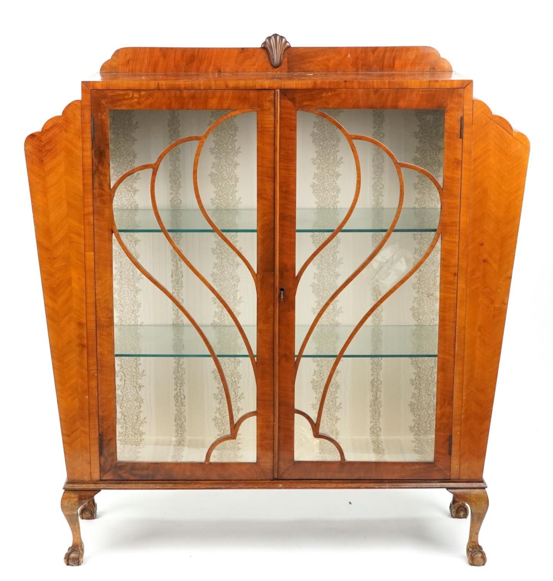 Art Deco inlaid walnut fan design display cabinet with glazed doors on claw and ball feet, 130cm H x - Image 2 of 4