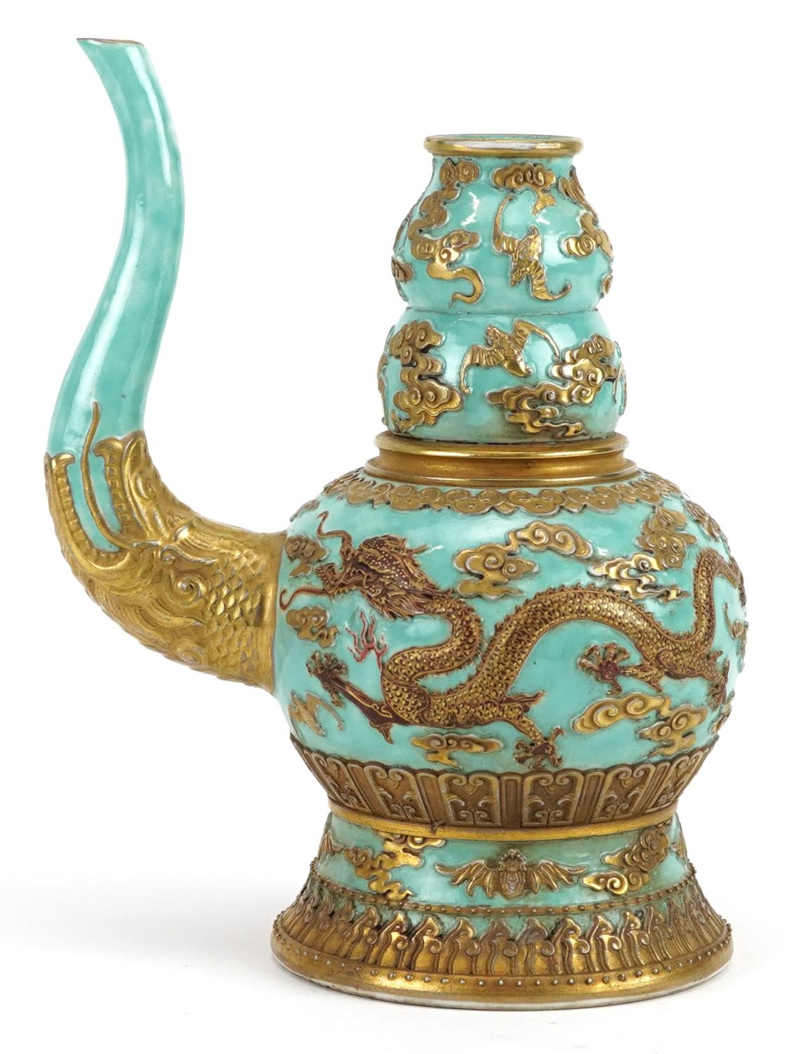 Chinese porcelain turquoise ground wine vessel gilded with dragons and bats amongst clouds, six - Image 2 of 8