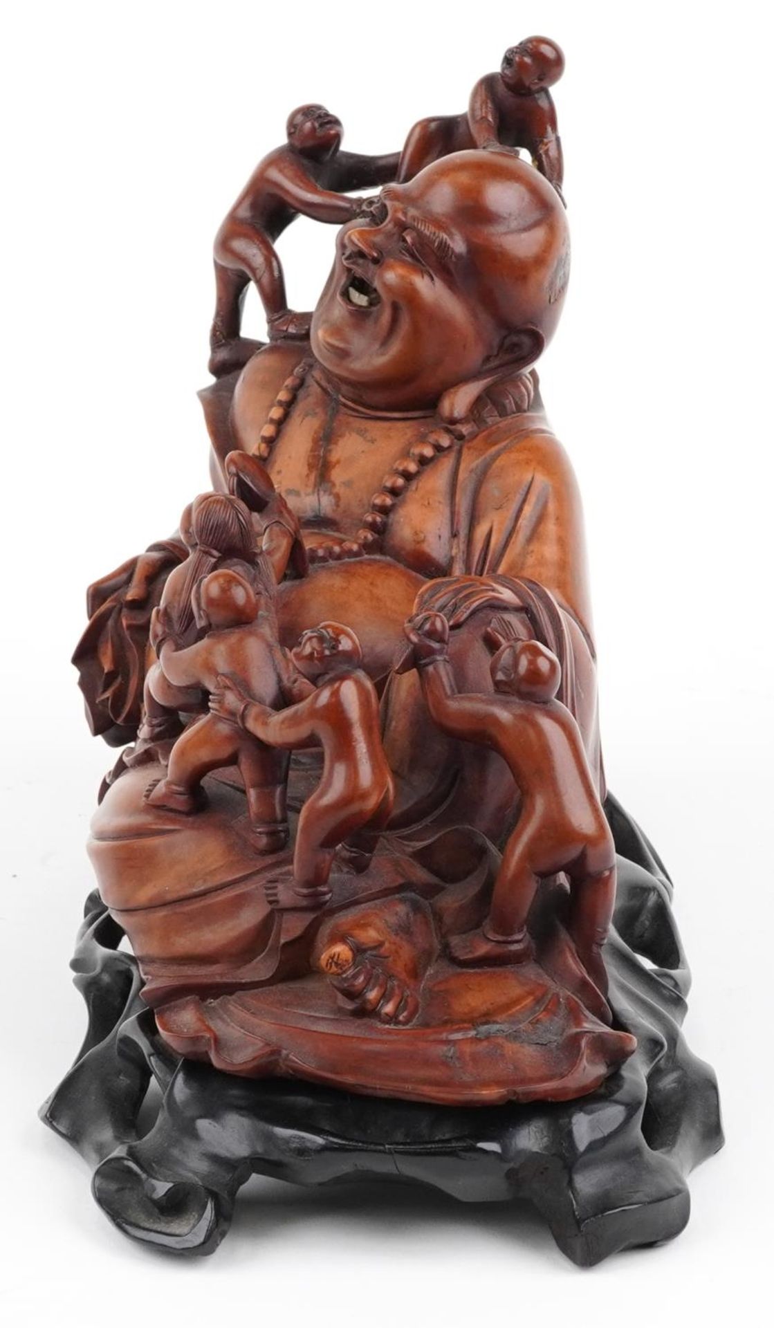 Chinese wooden and metalware including a root wood carving of Happy Buddha on stand surmounted - Image 5 of 9
