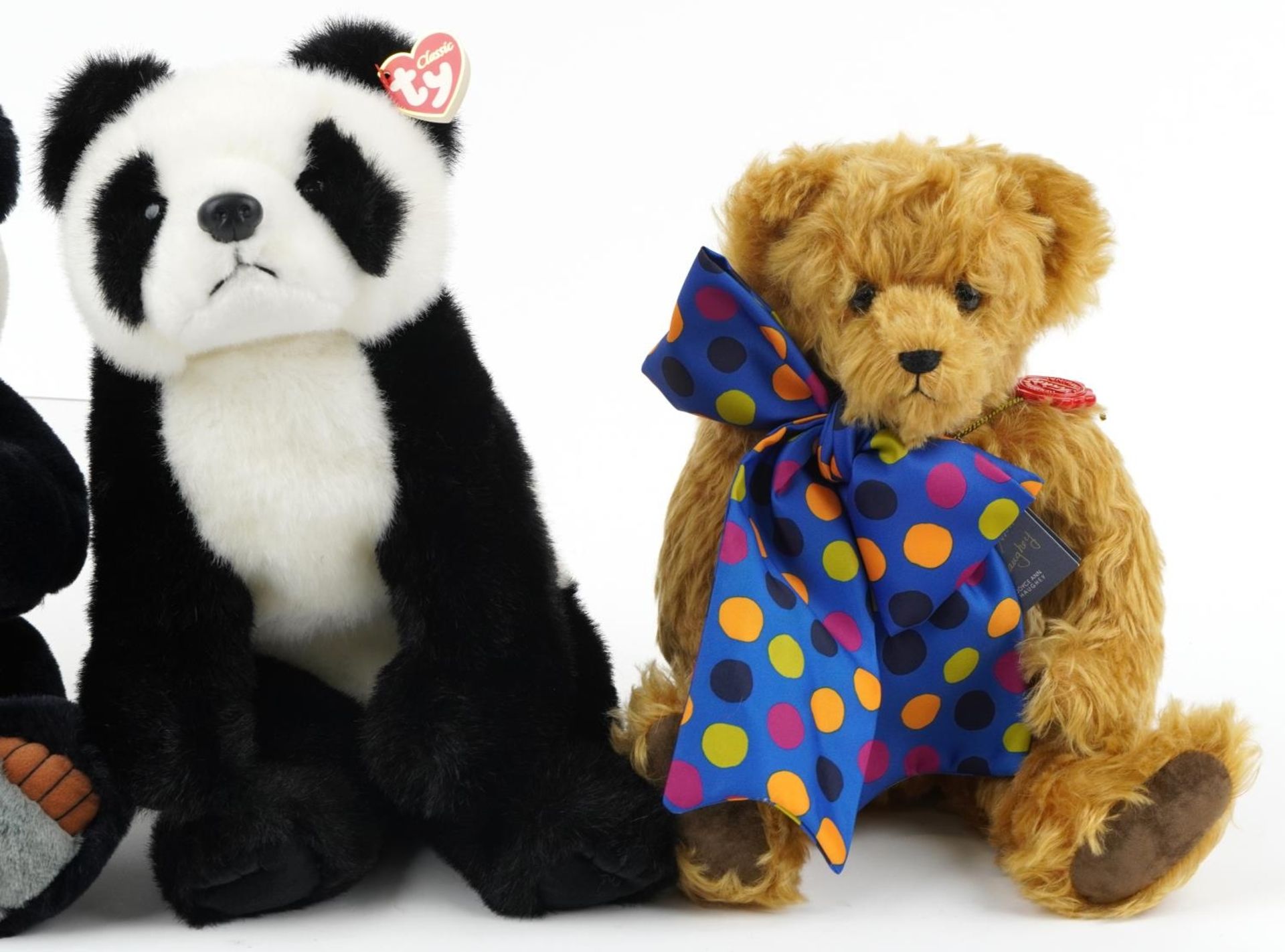 Hermann teddy bear with jointed limbs and three soft toy pandas, 42cm high - Image 3 of 8