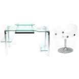 Contemporary glass computer desk with chair, the desk with chrome plated mounts and legs, 71cm H x