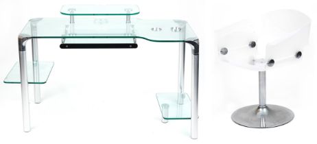 Contemporary glass computer desk with chair, the desk with chrome plated mounts and legs, 71cm H x